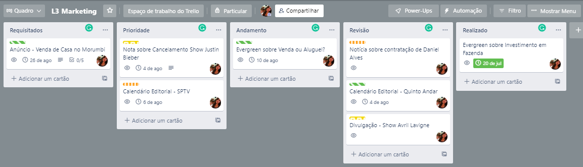 Trabalhos de Marketing. Foto: Trello. 