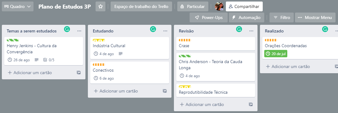 Plano de Estudos. Foto: Trello. 
