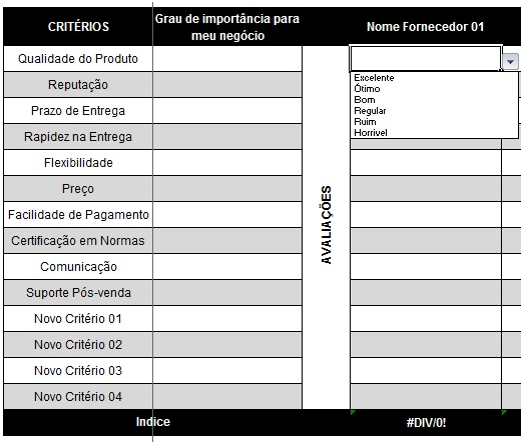 Avaliação de Fornecedores - Critérios de Avaliação Avaliação de Fornecedores - Critérios de Avaliação