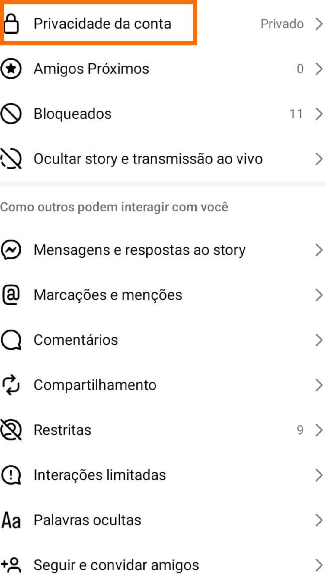 Privacidade da Conta 