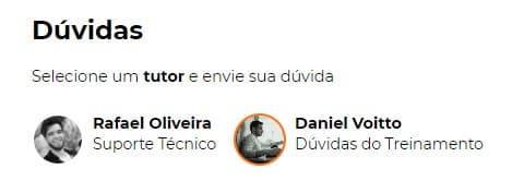 Tutores que podem ser selecionados na aba "Dúvidas"