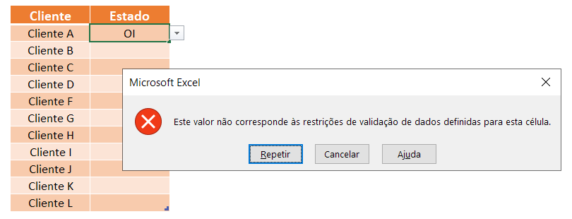o erro que aparece quando um valor diferente for digitado