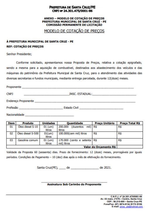 Modelo de Cotação de Preço. Fonte: Santa Cruz PE Modelo de Cotação de Preço. Fonte: Santa Cruz PE